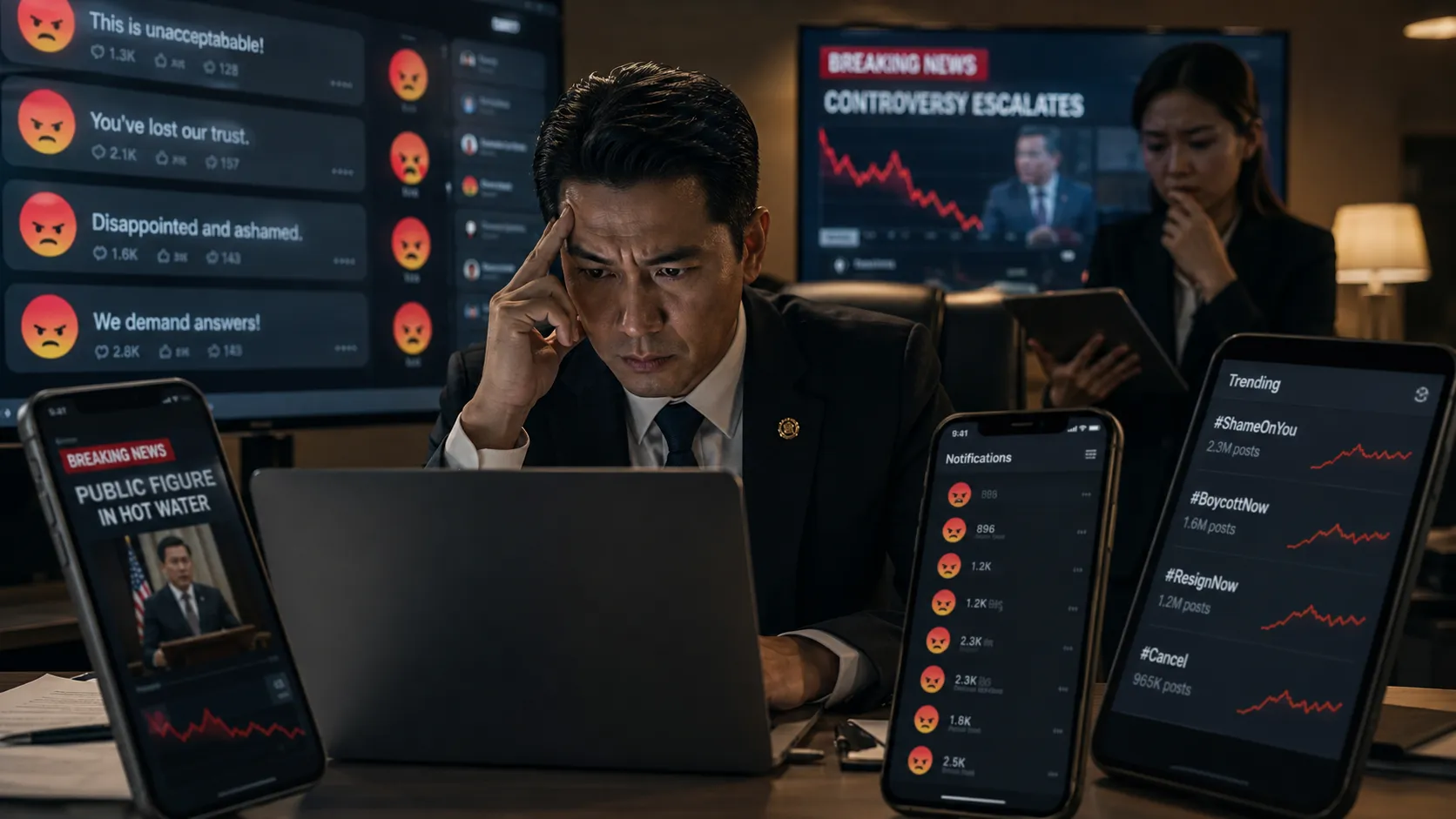 Seorang pejabat atau public figure sedang berhadapan dengan badai komentar negatif di media sosial, menunjukkan stres dalam merespons krisis digital.